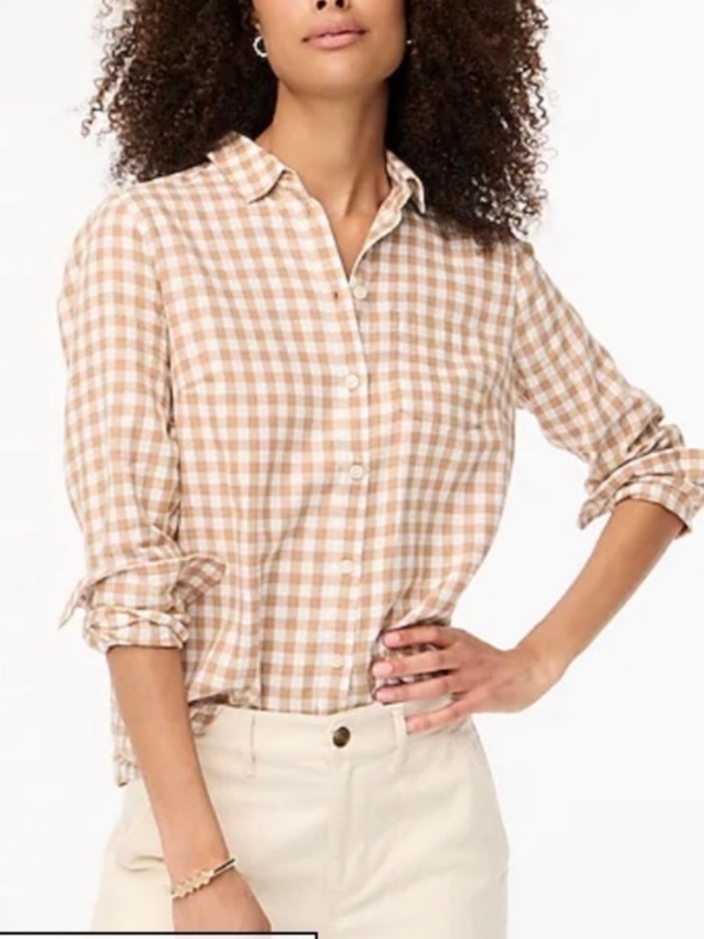 J. Crew Gingham Flannel Button Up Size M Tan & White 100% Cotton Casual